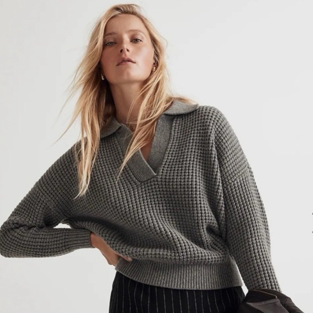 Madewell Waffle Knit Collared Henley Sweater Wool Blend Grey Size M